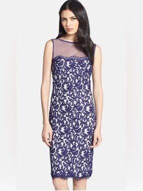 NWT Tadashi Shoji Sz 4 Royal Blue Ivory Illusion Lace Sheath Dress Wedding Guest